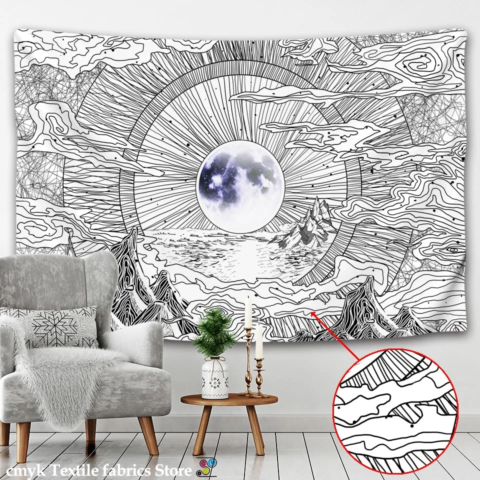 White Black Sun Moon Mandala Tapestry Wall Hanging Celestial  Hippie  Carpets Dorm Decor Psychedelic Witchcraft Halloween