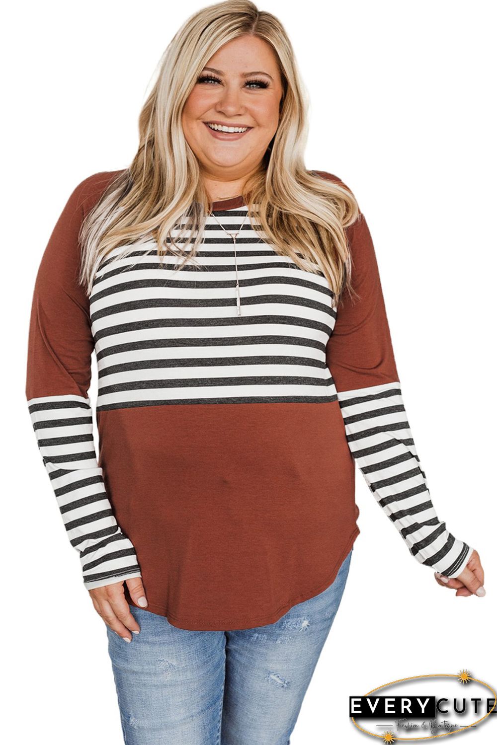 Striped Colorblock Plus Size Long Sleeve Top