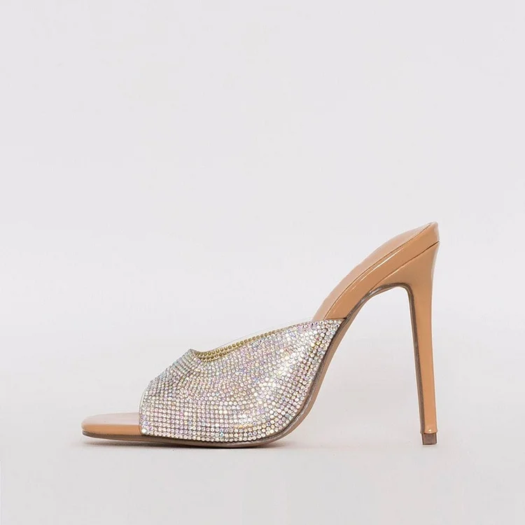 Nude Patent Leather Rhinestone Mule Heels Stiletto Heel Open Toe Mule |FSJ Shoes