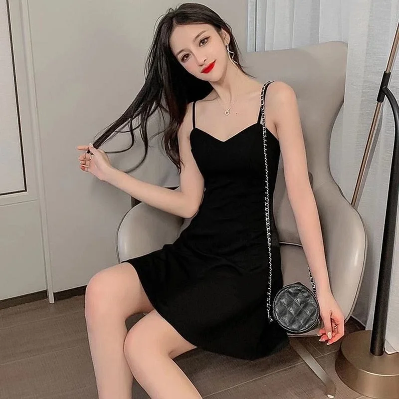 Dress Women Spaghetti Strap Sexy Ladies Abdomen A-line Mini Black Sundress Inside Korean Style Club Street Elegant Solid Trendy