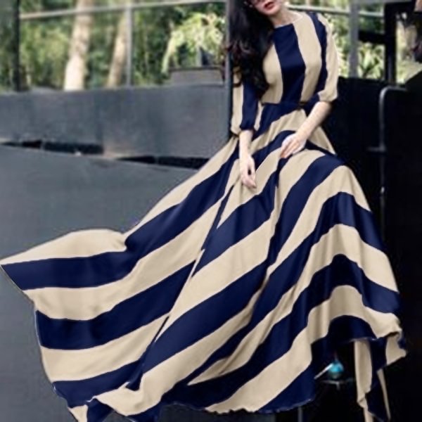 Elegant Maxi Long Dress Summer Casual Striped Printed Sundress Women 3/4 Sleeve Casual OL Vestidos - BlackFridayBuys