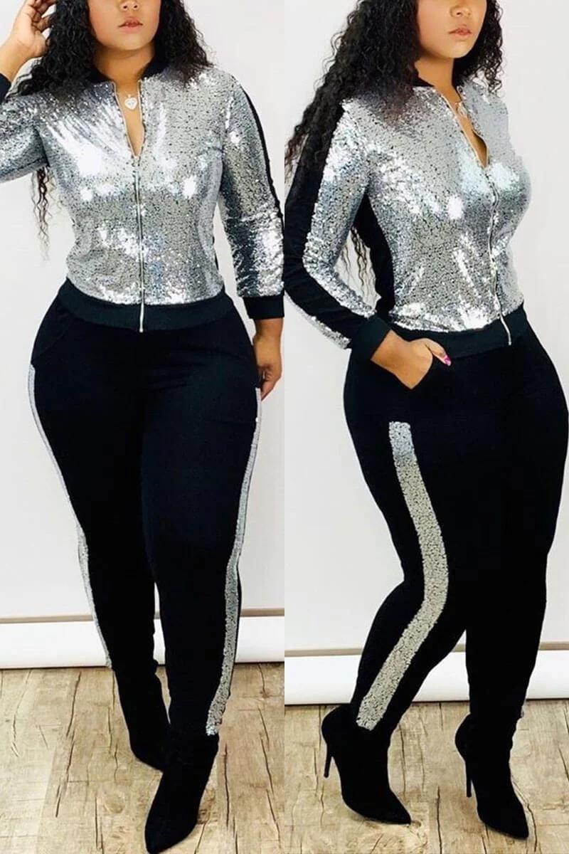 Fashion Sequins Long Sleeve Two Piece