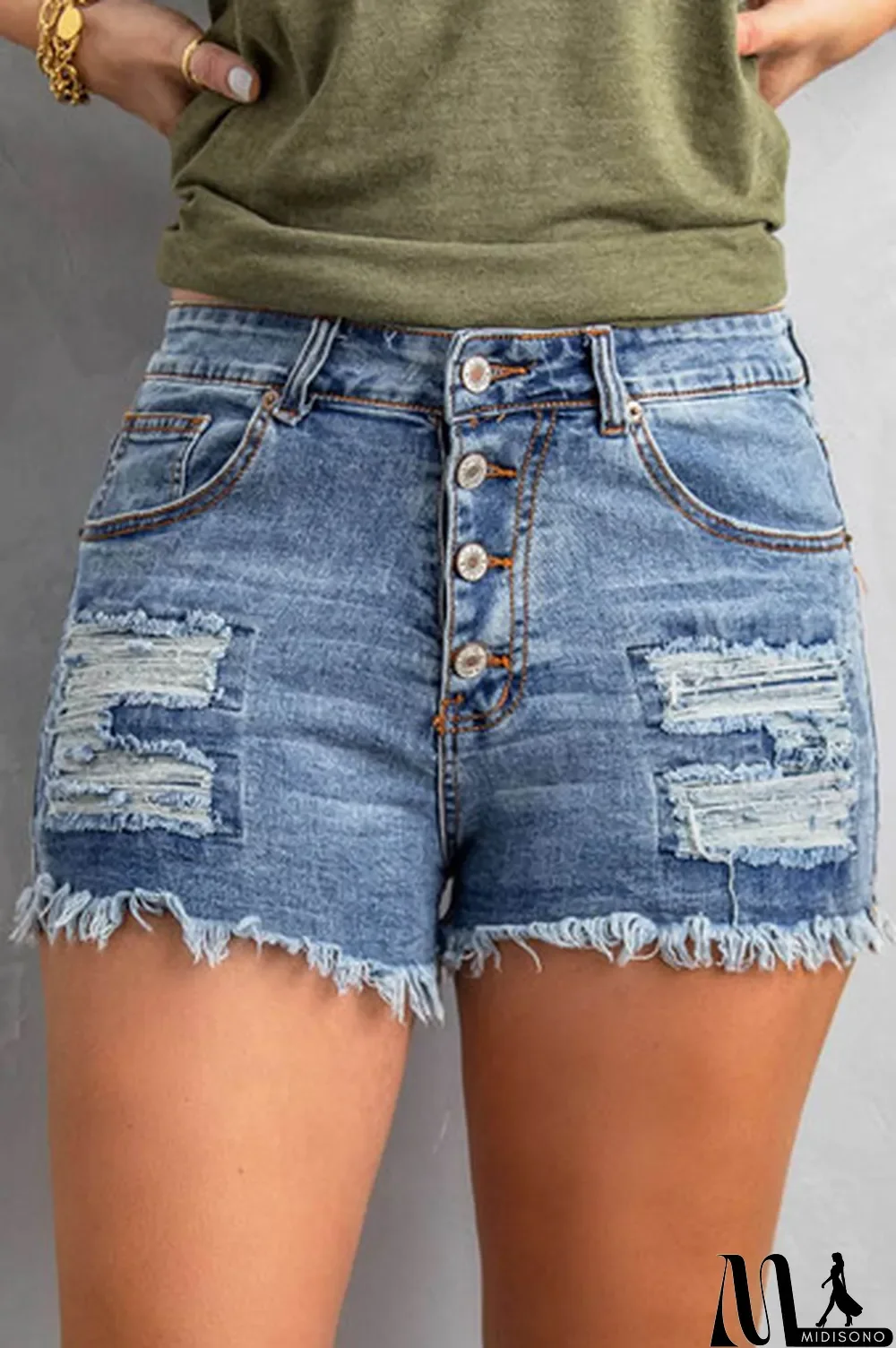 MidiSono - Sky Blue Gypsy Mid-rise Distressed Denim Shorts