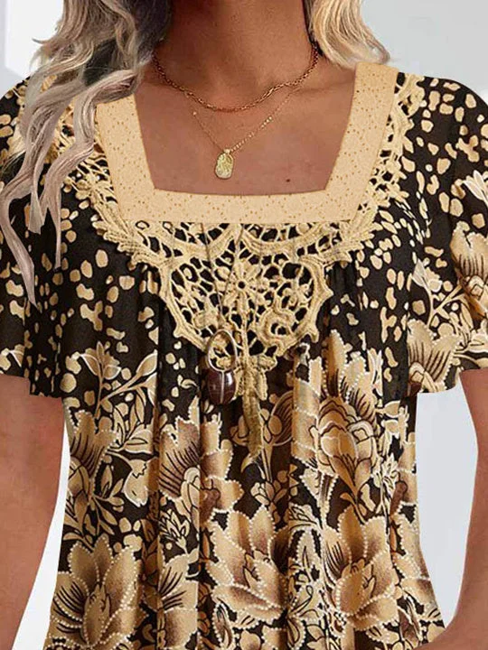 Women Short Sleeve U-neck Floral Printed Graphic Tops