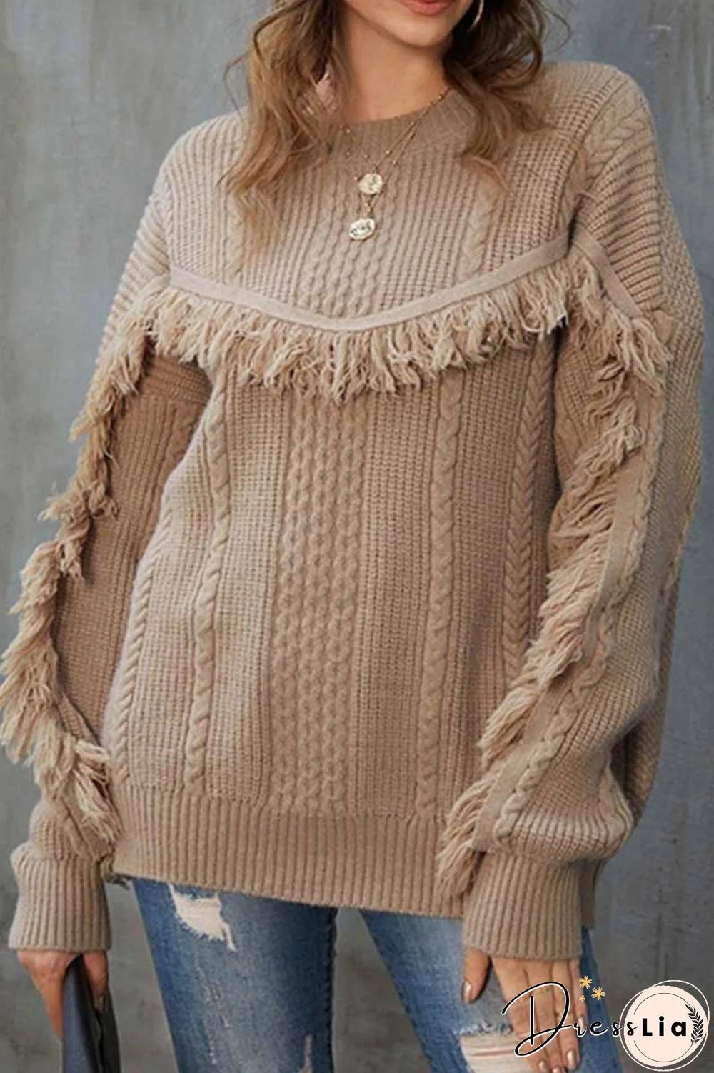 Round Neck Loose Tassel Twist Solid Color Sweater