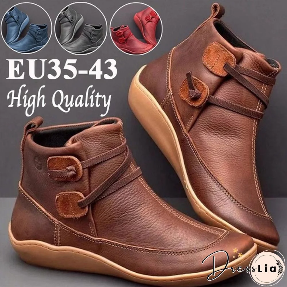 Women's Fashion Medieval Vintage Leather Boots Braided Strap Flat Heel All Season Boots Waterproof Slip on Shoes Ladies Winter Round Toe Ankle Boots sapatos femininos Plus Size 34-43