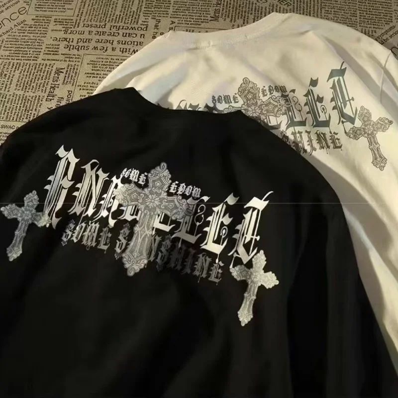 Churchf Women Printing American Retro Cross Wings Short Sleeved T-shirt Men Summer Ins Loose Chic Cotton Y2k Tops Streetwear Graphic Tee-Outfit Ideas