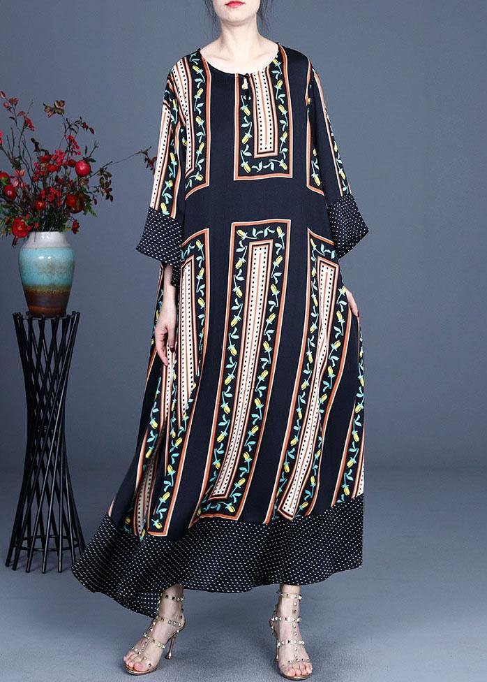 Modern Black Print Summer Silk Long Dresses Long sleeve