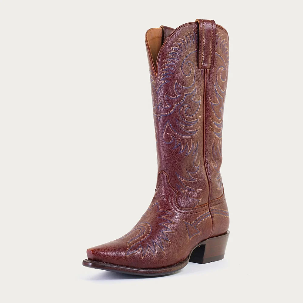 Maroon Snip Toe Embroidered Chunky Heel Western Boots for Women