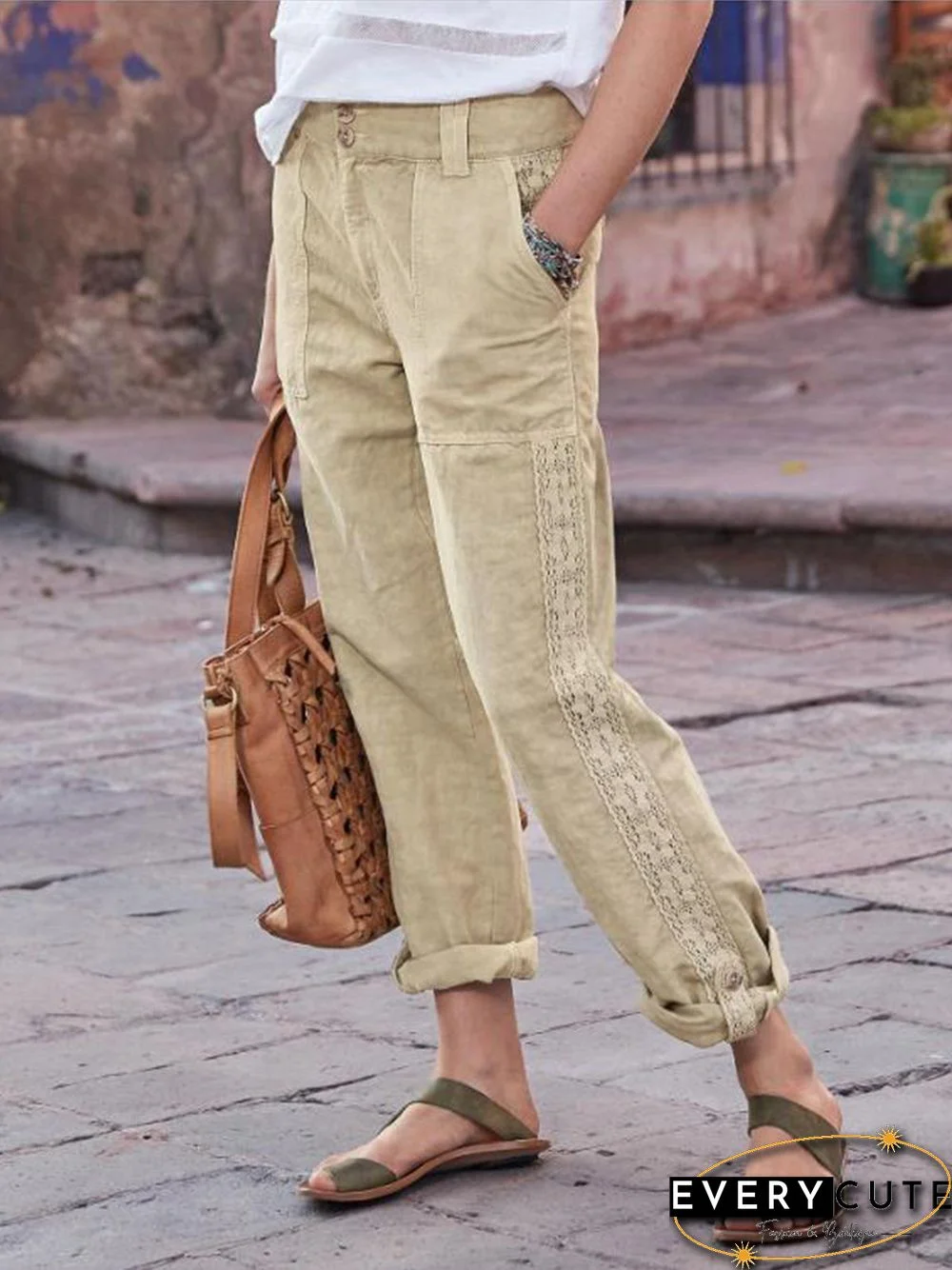 Casual Pockets Solid Lace Pants