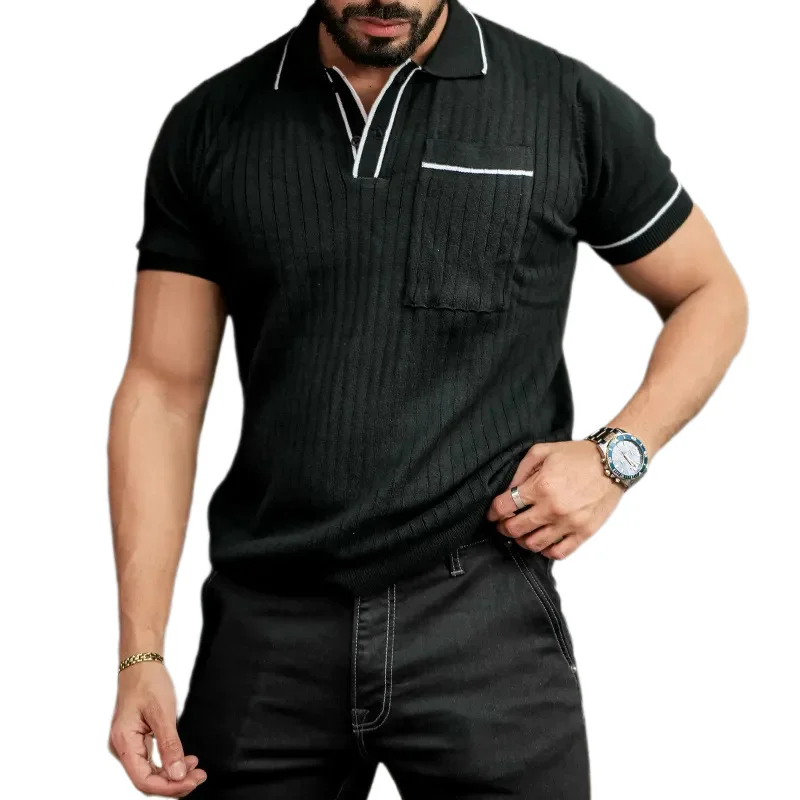Men's Knitwear Short Sleeve Polo Collar Pocket Slim Sweater
