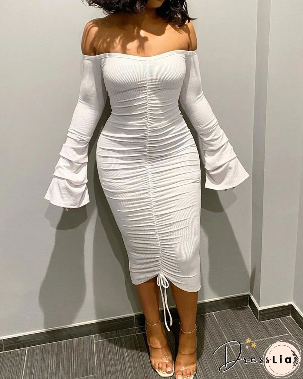 Off Shoulder Ribbed Ruched Bell Sleeve Dress