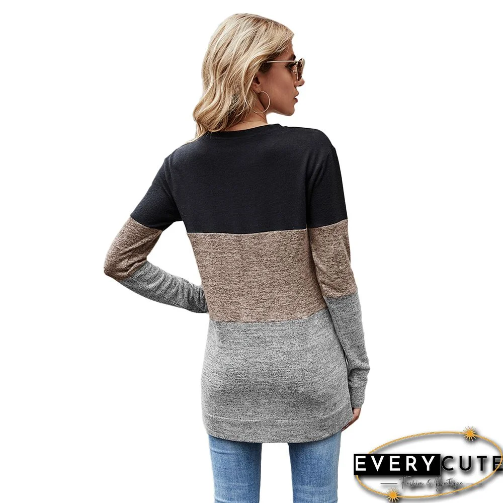 Khaki Color Block Loose Style Pullover Sweatshirt