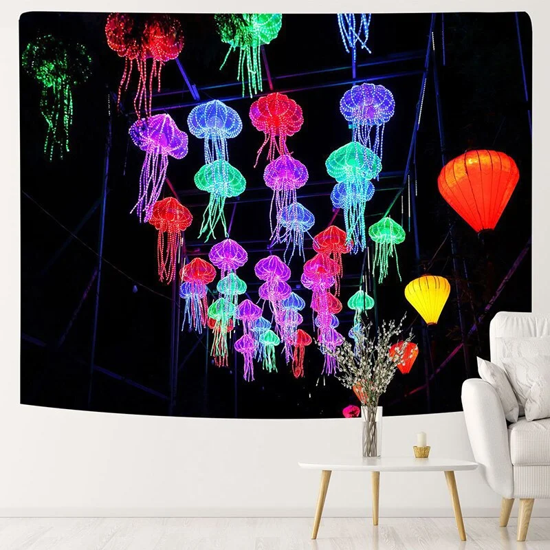3m*1.8m Fluorescent Tapestry Psychedelic Mushroom Jellyfish Hanging Cloth Home Wall Decoration Glow Under Ultraviolet Light