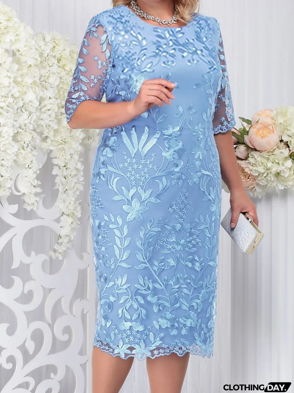 Women's Lace Dress Plus Size Curve Party Dress Floral Crew Neck Half Sleeve Fall Spring Elegant Prom Dress Midi Dress Formal Party Dress