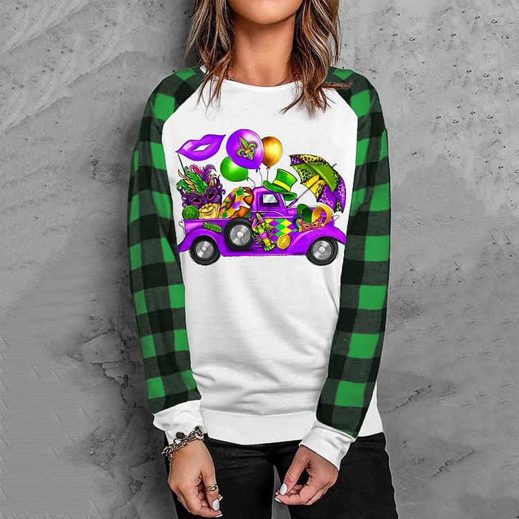 Carnival Day Truck Plaid Round Neck T-Shirt