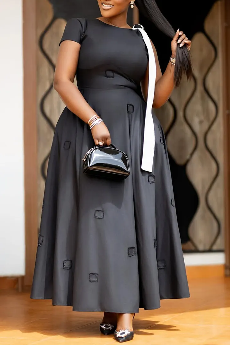 Plus Size Formal Black Round Neck Short Sleeve Pocket Bow Tie Maxi Dresses [Pre-Order] 2024 - Xpluswear