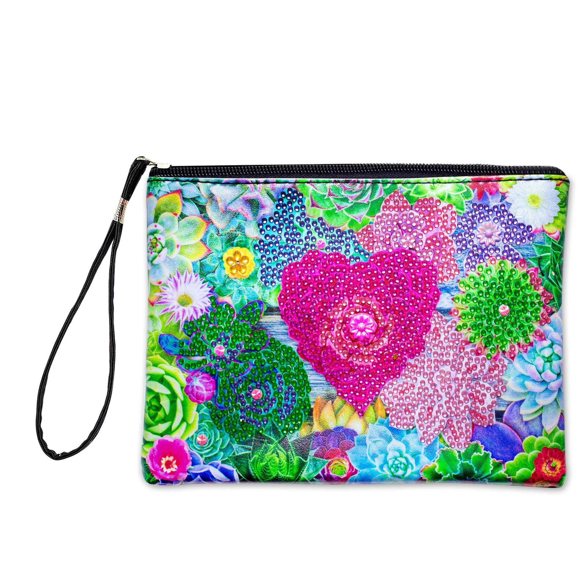 1 piece 5D DIY diamond painted handbag makeup bag, heart-shaped succulent plant handmade diamond art craft bag