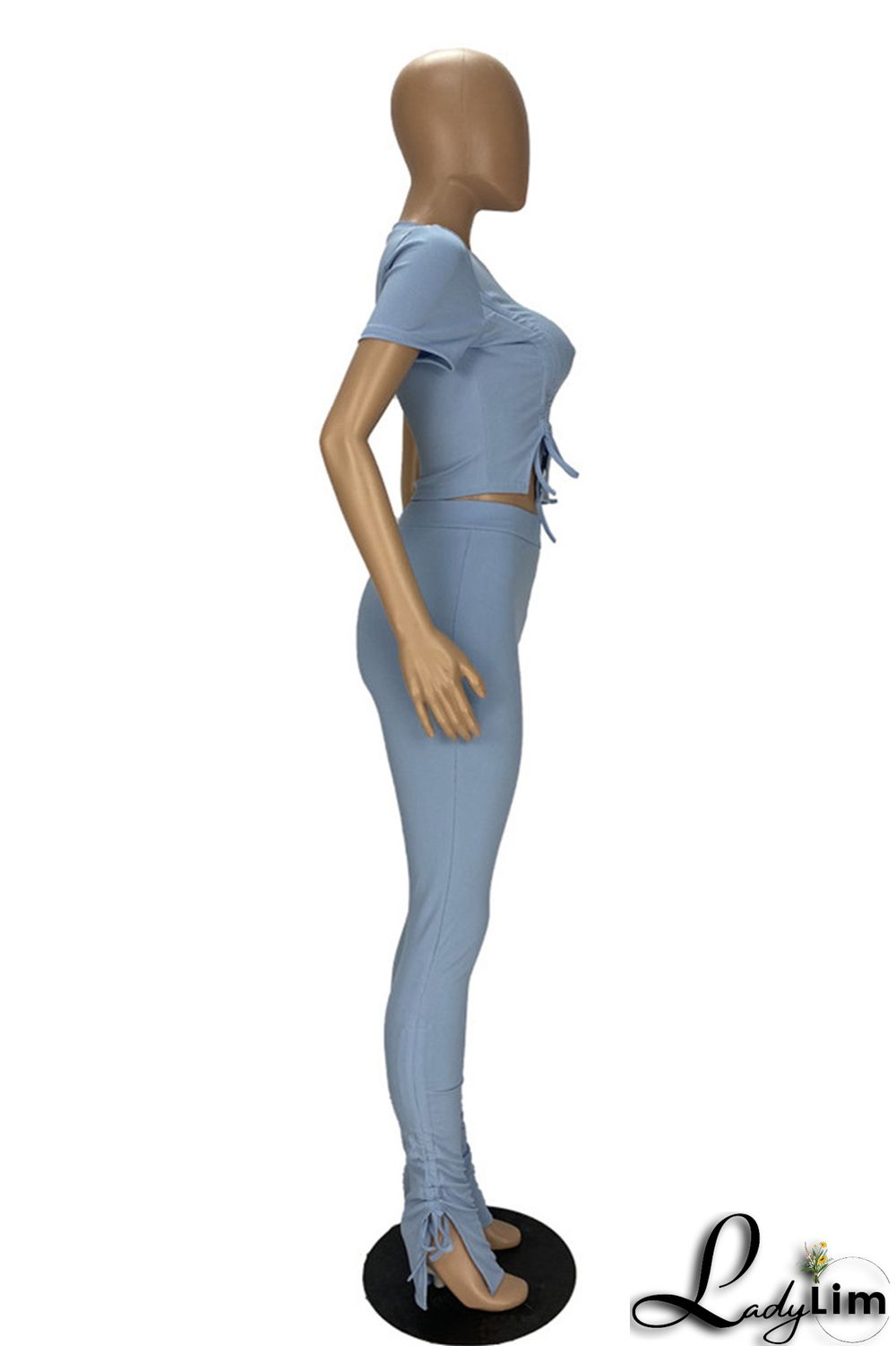 Khaki Fashion Casual Solid Draw String Frenulum O Neck Short Sleeve Two Pieces