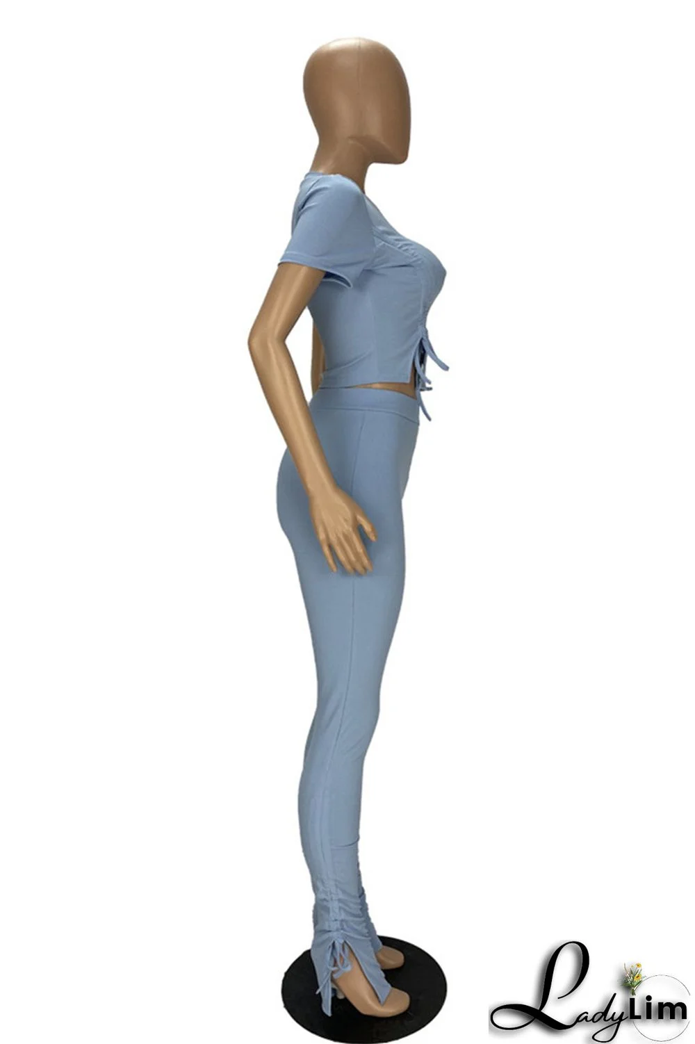 Khaki Fashion Casual Solid Draw String Frenulum O Neck Short Sleeve Two Pieces