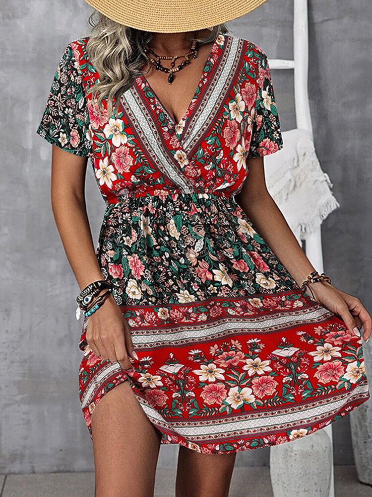 Bohemian Floral Print Wrap V-neck Short Sleeve Dress