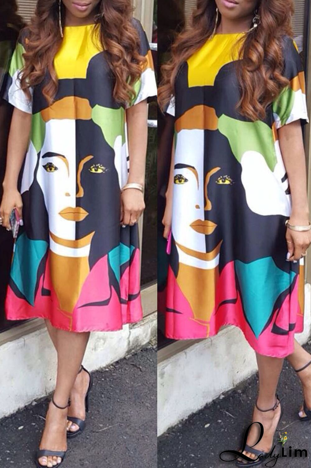 Multicolor Fashion Casual Print Basic O Neck Short Sleeve Dress