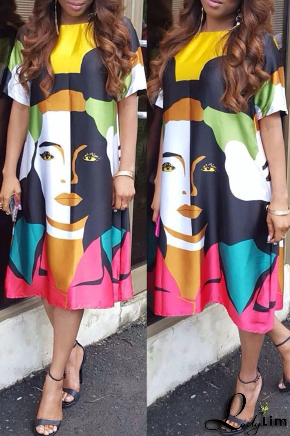 Multicolor Fashion Casual Print Basic O Neck Short Sleeve Dress