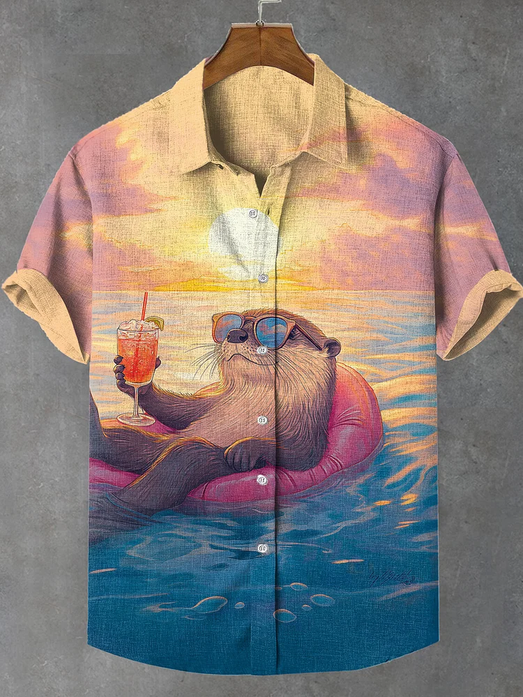 Men's Otters On Vacation Enjoying Cocktails And Sunset Views Print Shirt