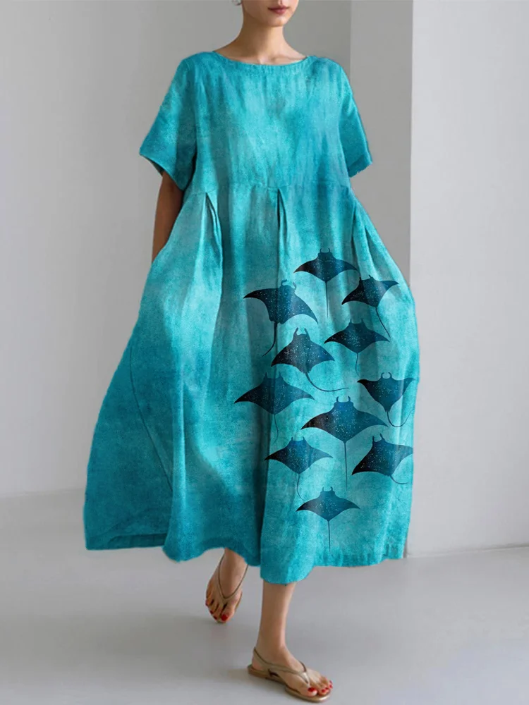 Manta Rays Art Painting Print Cotton Linen Dress