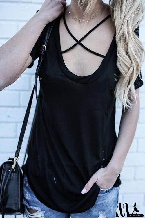 MidiSono - Cross Hollow Short sleeve T Shirt