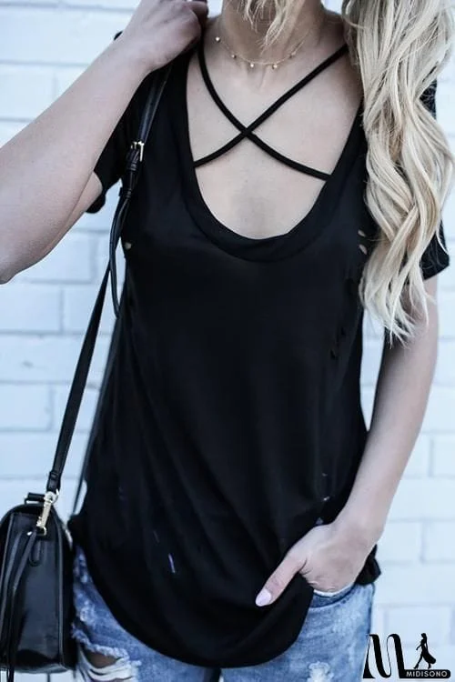 MidiSono - Cross Hollow Short sleeve T Shirt