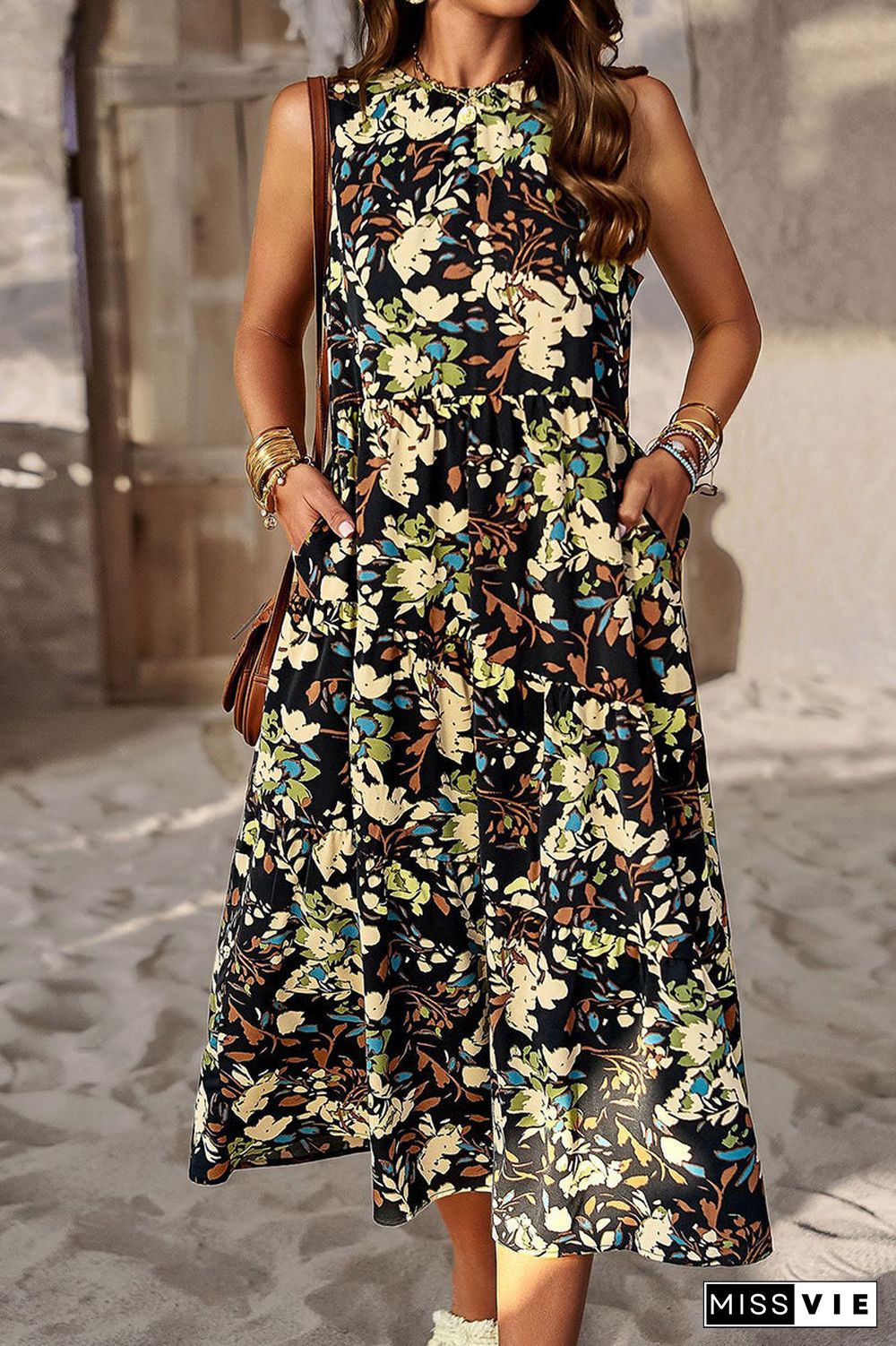 Elegant Floral Pocket Contrast O Neck A Line Dresses