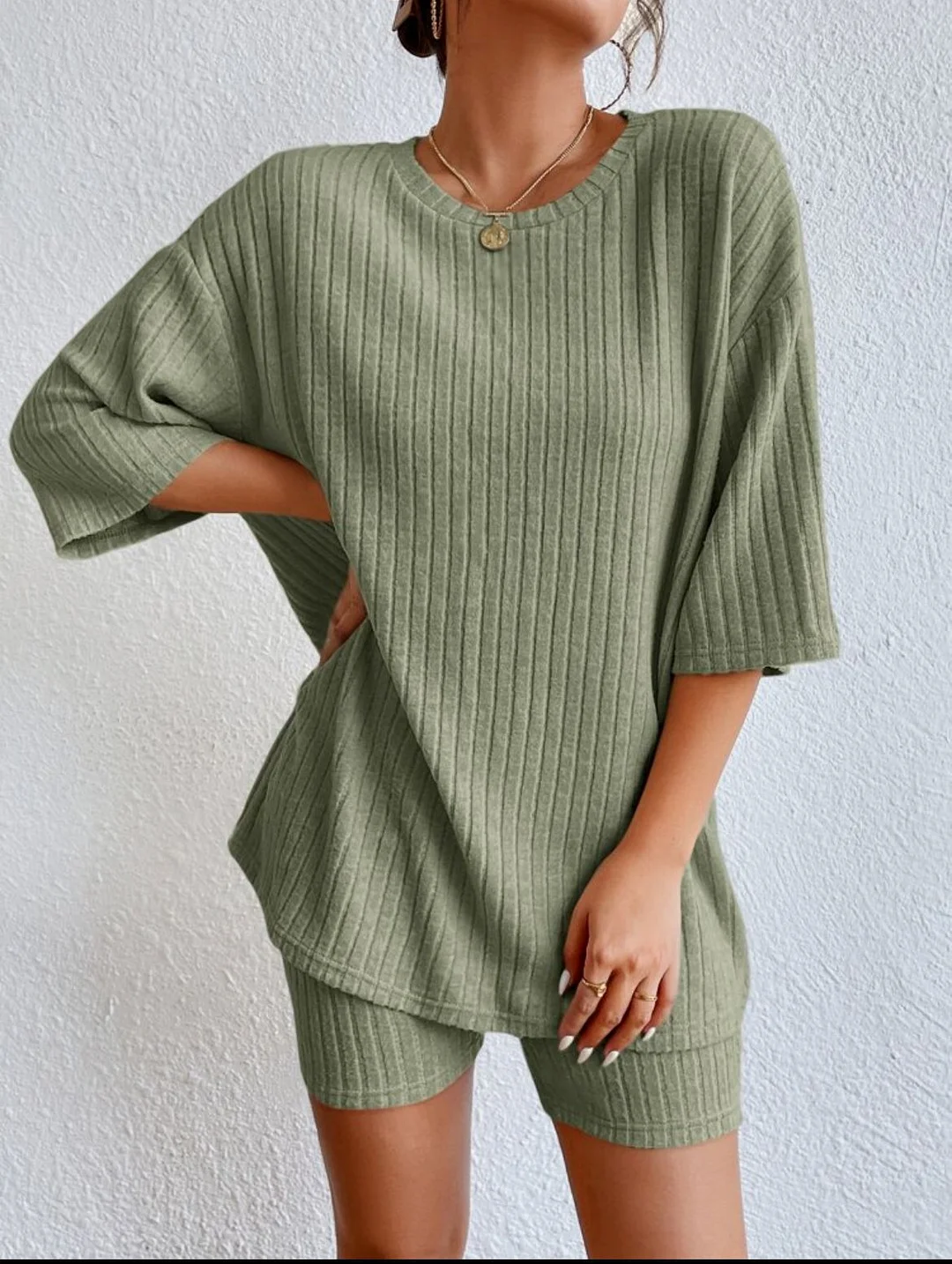 Nigikala Nigikala 2025 Fashion Casual Spring Round-Neck Loose Women's Shorts Set