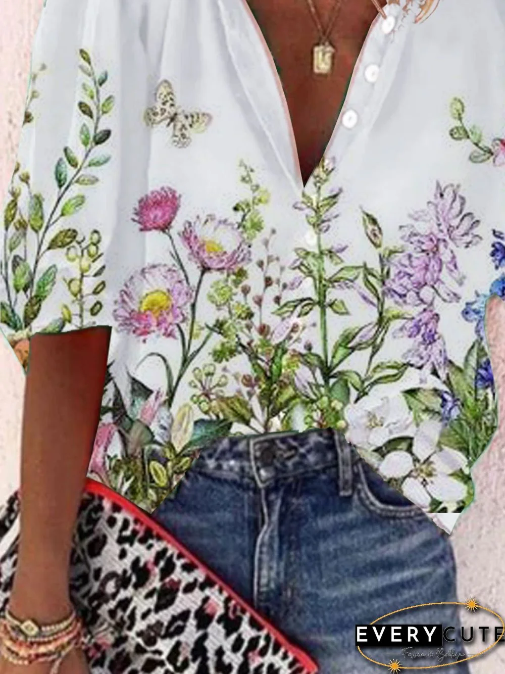 Floral Half Sleeve Printed Polyester Stand Collar Vintage Summer White Shirt