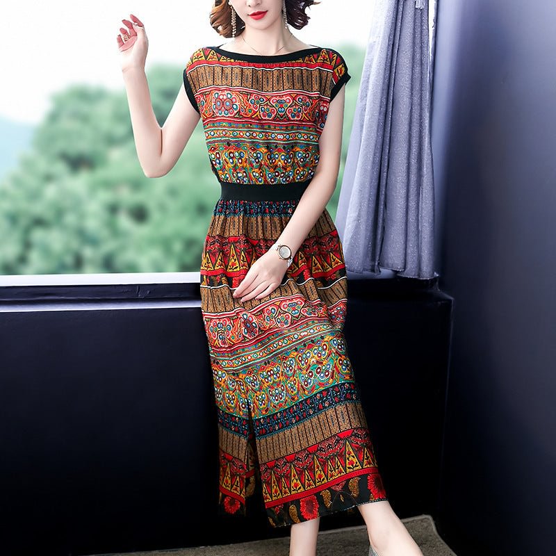 Summer Short Sleeve Off-neck Dress Ethnic Print High Waist Slimming Women's Skirt Temperament