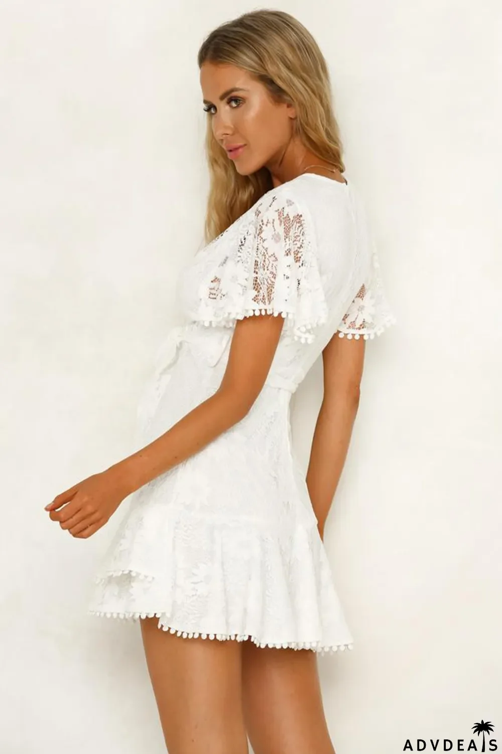 White Flutter Sleeve Wrap V Neck Floral Lace Short Dress