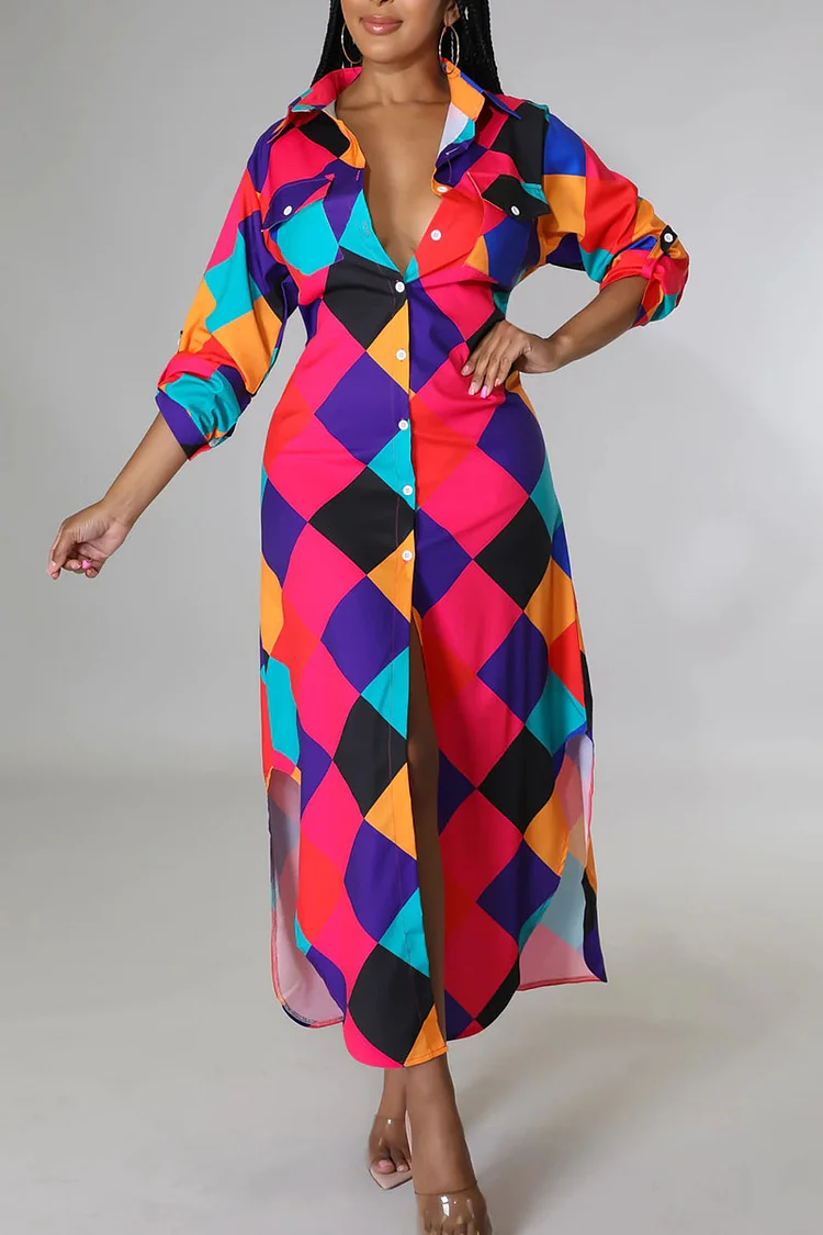 Red Casual Print Patchwork Buckle Turndown Collar Shirt Dress Dresses