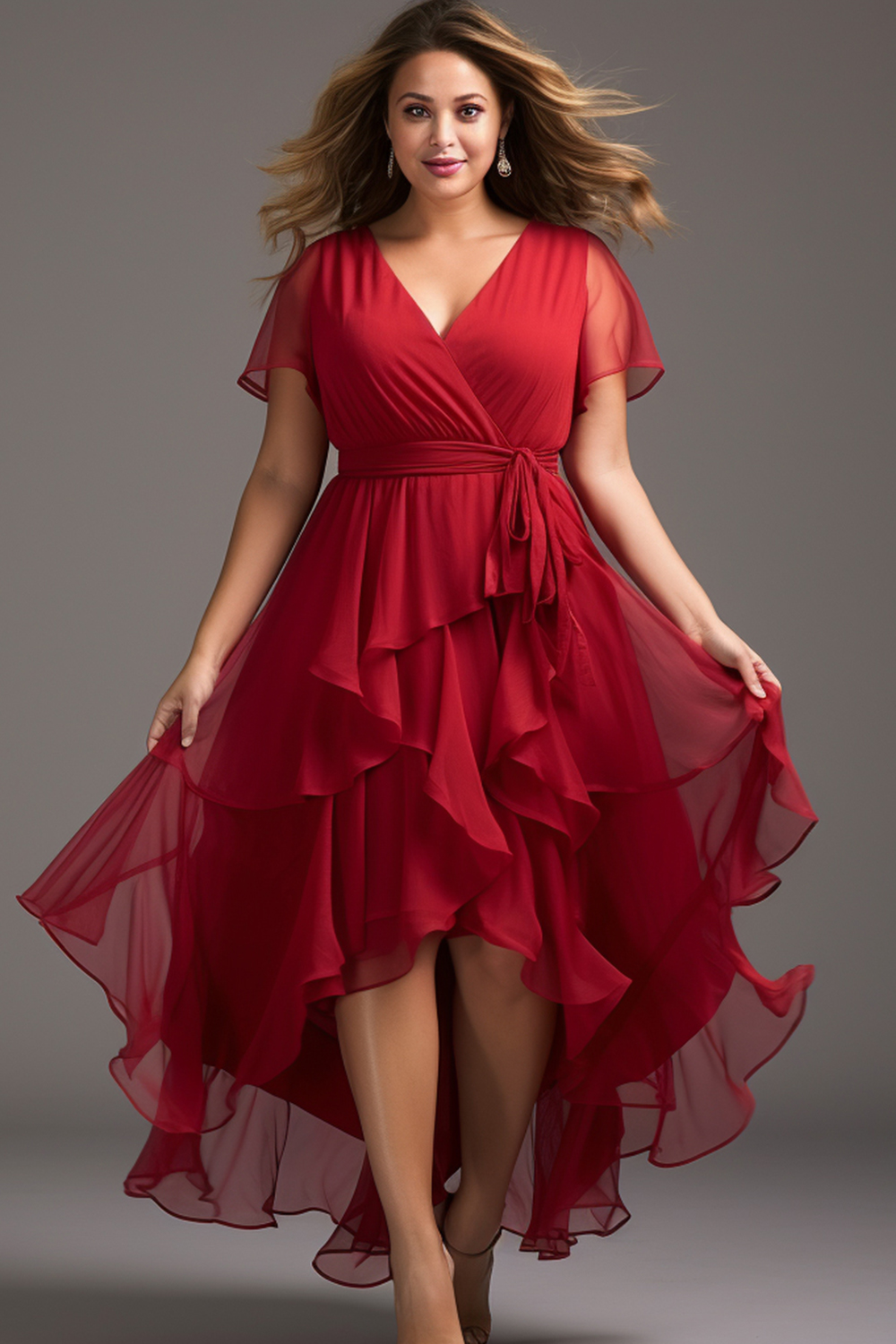 Flycurvy Plus Size Wedding Guest Red Chiffon Wrap Irregular Hem Lace-Up Short Sleeves Maxi Dress