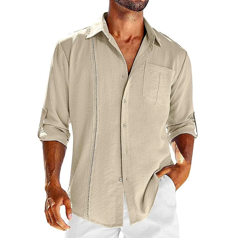 Men's Casual Summer Beach Long Sleeve Plain Lapel Holiday Pocket Shirt