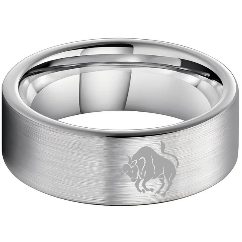 Taurus Tungsten Carbide Rings Sliver Flat Wedding Bands Comfort Fit Men and Women 4MM 6MM 8MM Width