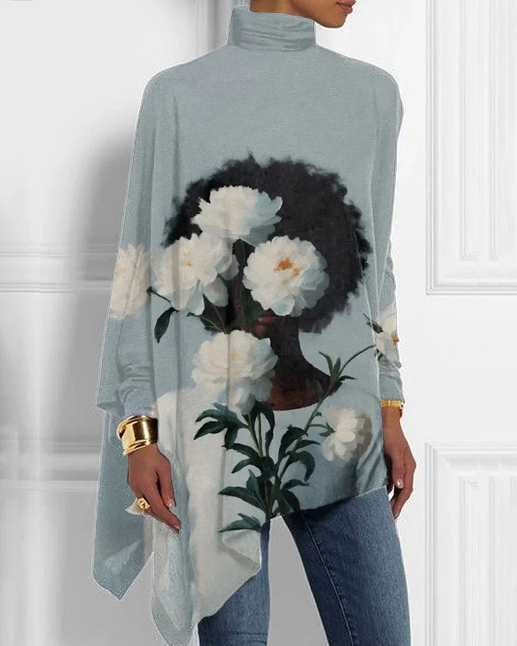Black Woman Head Flowers Print Half Turtleneck Hem Top
