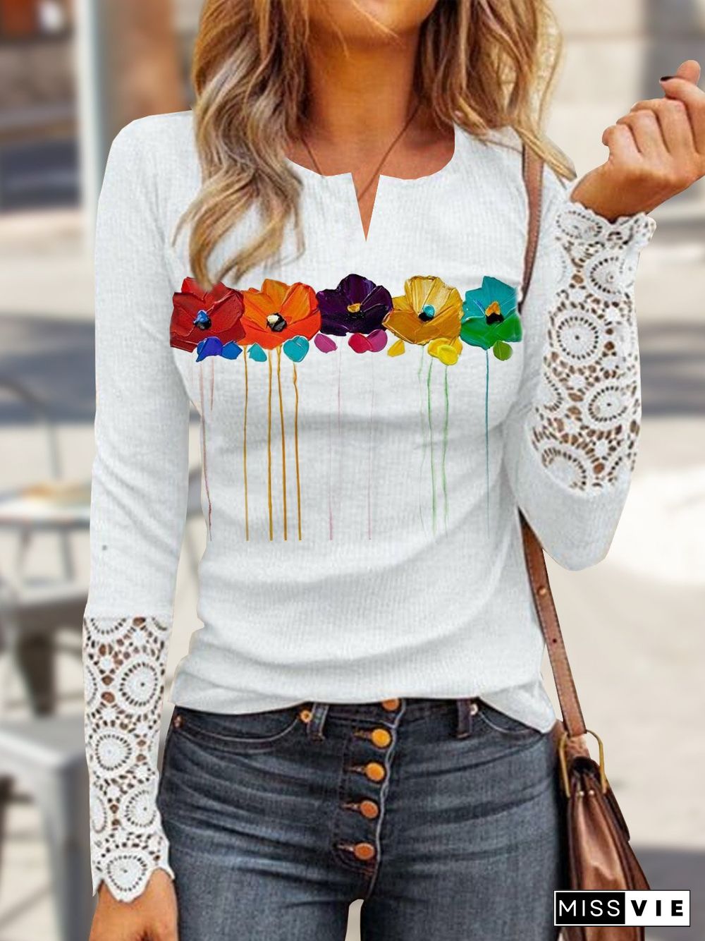 Floral Print Long Sleeve Patchwork Lace Top