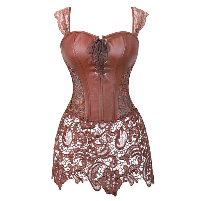 Sapubonva Leather Corset Lace Dress Corselet Bustier Gothic Sexy Plus Size Costume Burlesque Lingerie Women Brown Black Sexy