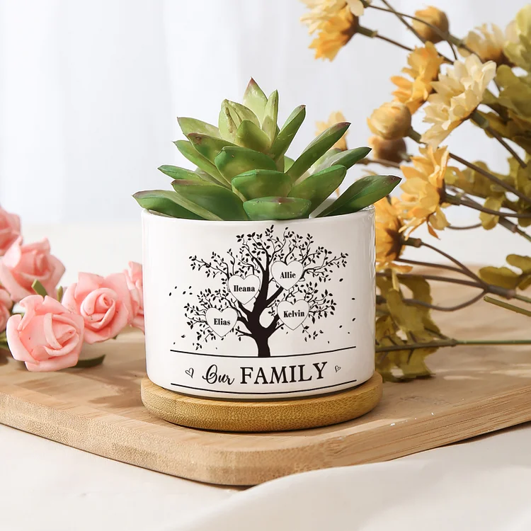 Personalized Ceramic Flowerpot with Wooden Base Custom 4 Names & 1 Text Family Tree Flowerpot Gift for Mother/Grandma