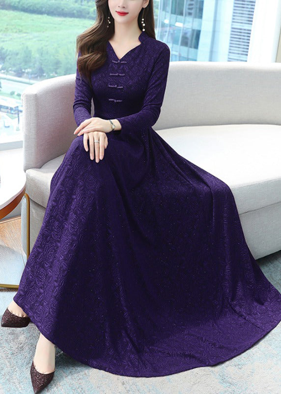 VCSHOES Purple Jacquard Extra Large Hem Cotton Maxi Dresses Fall