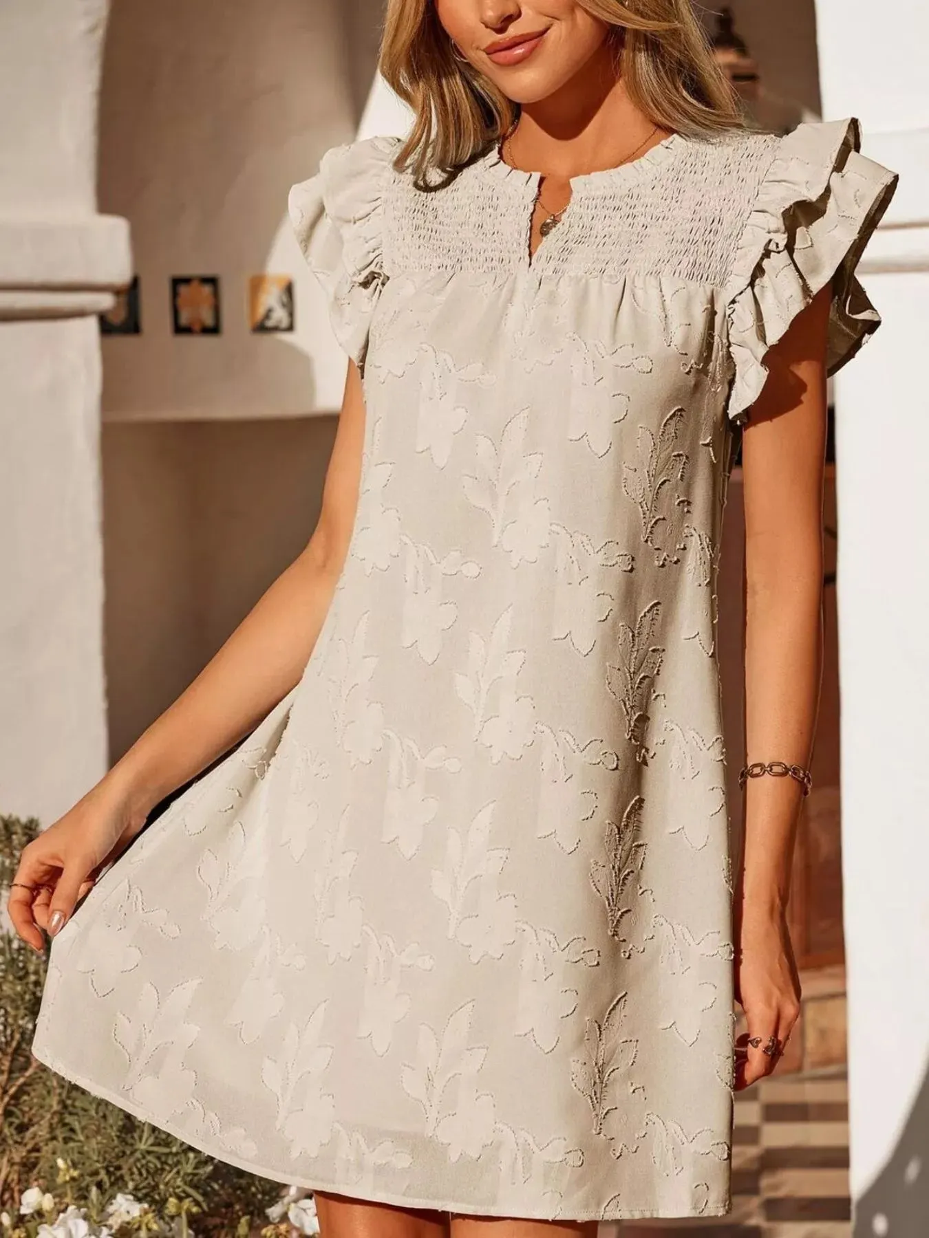 Floral Embossed Ruffle Sleeve Mini Dress mysite idetrend