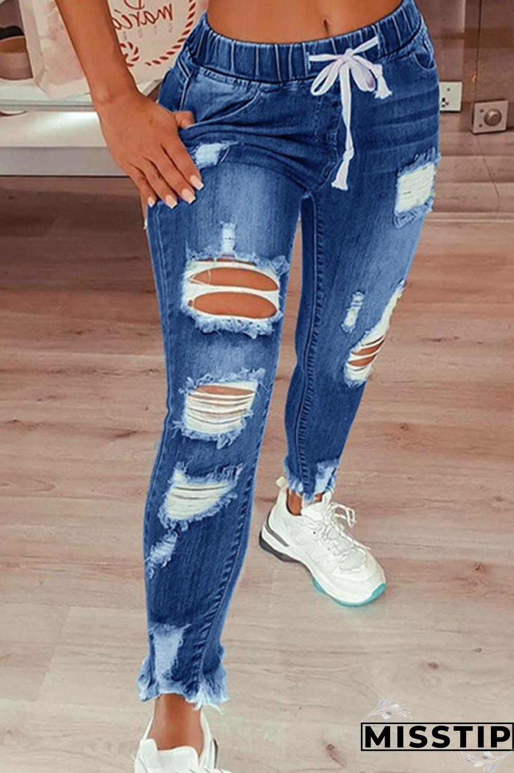 Black Casual Patchwork Ripped High Waist Skinny Denim