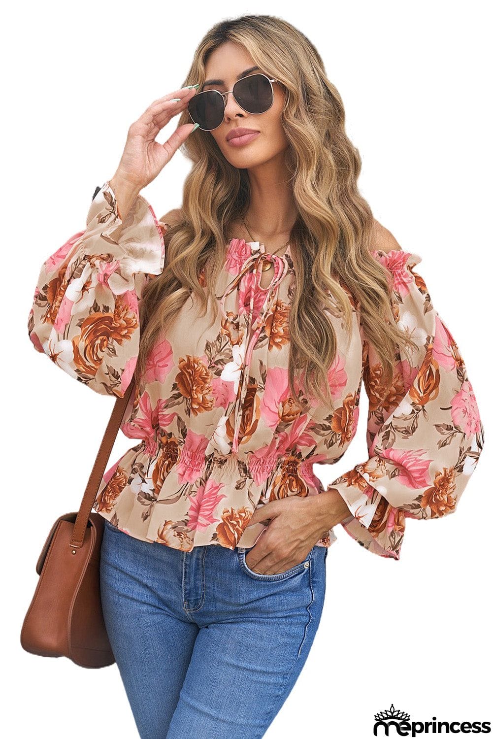 Chic Pink Floral Print Off the Shoulder Long Sleeve Blouse