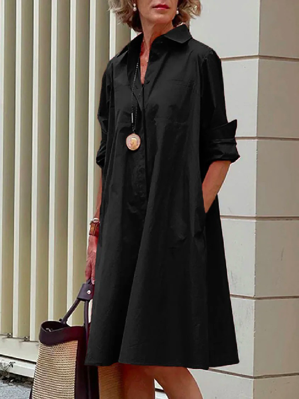 Simple Long Sleeves Solid Color Lapel Midi Dress BLACK-M