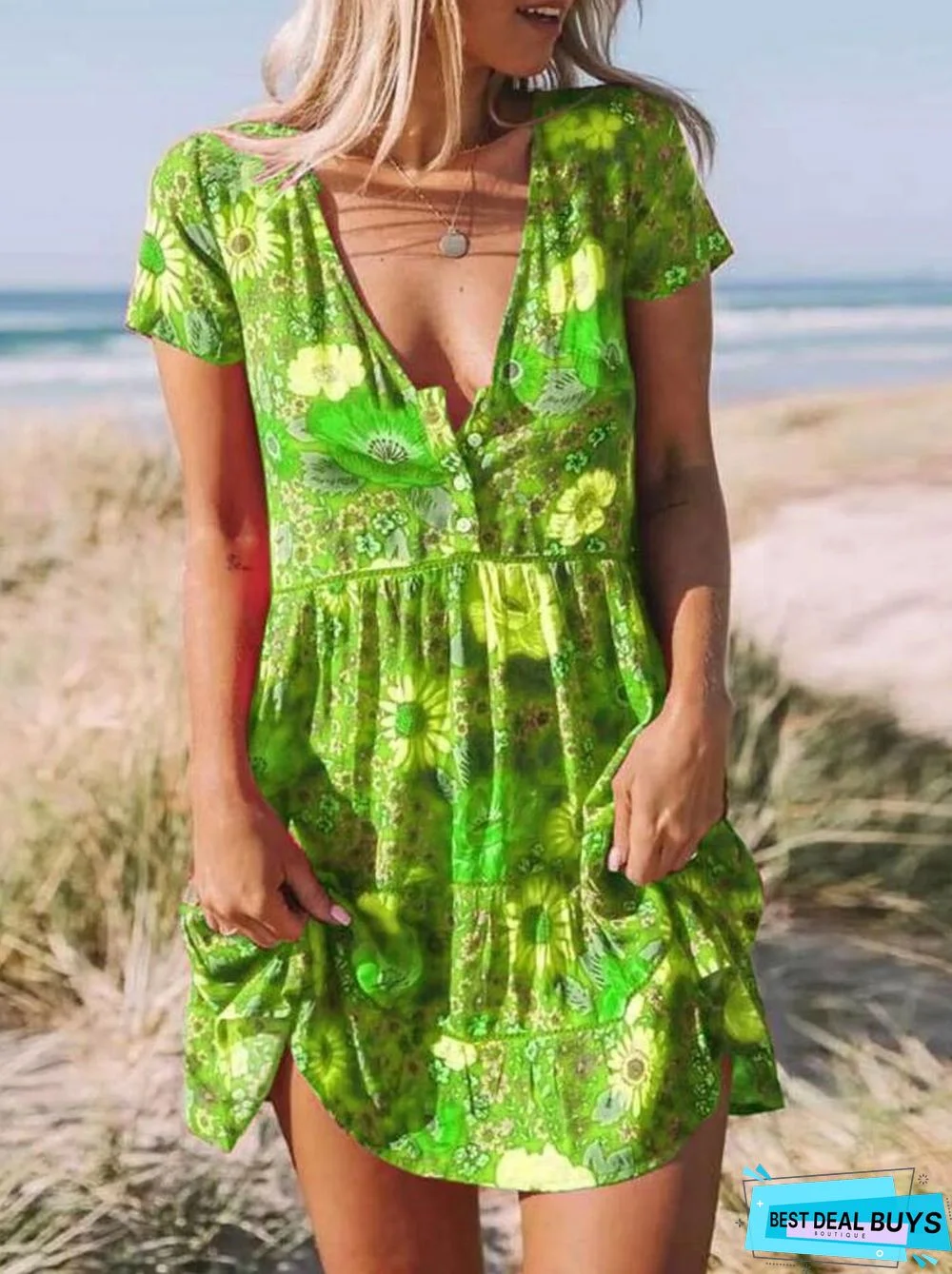 New Women's Printed V-Neck Short Sleeve Dress